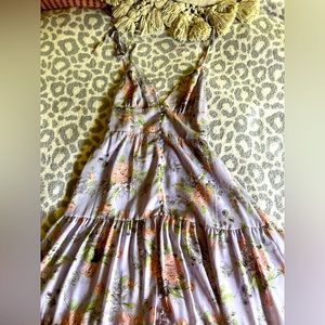 Long light purple floral dress.